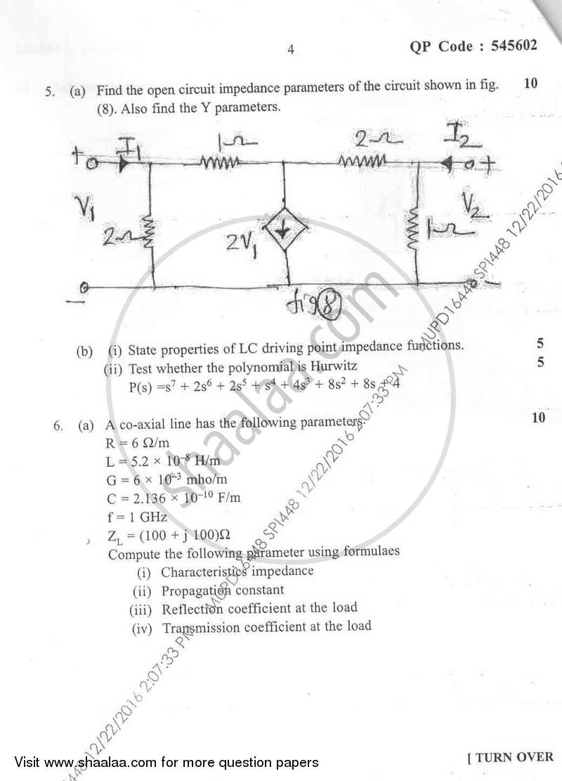 Circuits and Transmission Lines 2016-2017 - B.E. - Semester 3 (SE Second Year) - University of Mumbai question paper with PDF download