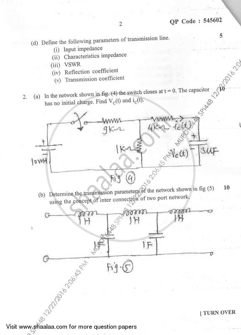 Circuits and Transmission Lines 2016-2017 - B.E. - Semester 3 (SE Second Year) - University of Mumbai question paper with PDF download