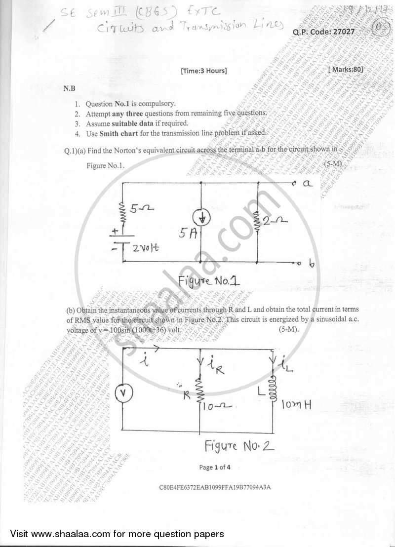 Circuits and Transmission Lines 2017-2018 - B.E. - Semester 3 (SE Second Year) - University of Mumbai question paper with PDF download