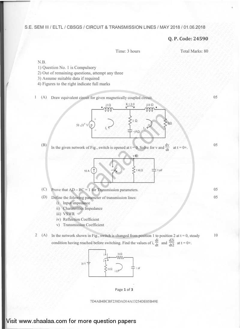 Circuits and Transmission Lines 2017-2018 - B.E. - Semester 3 (SE Second Year) - University of Mumbai question paper with PDF download