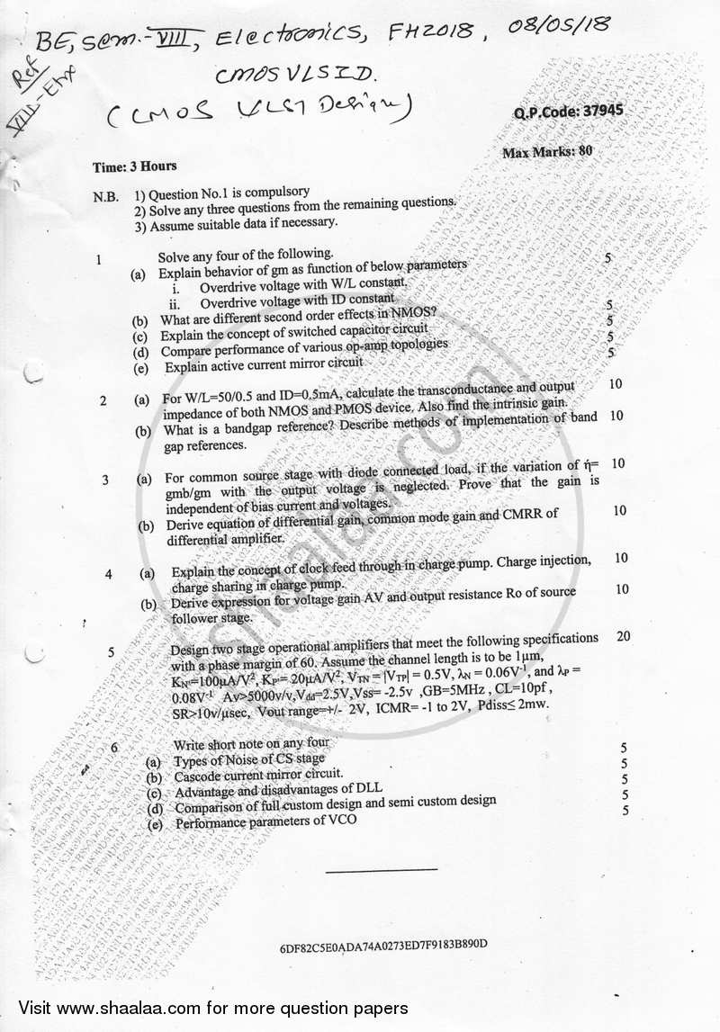 CMOS VLSI Design 2017-2018 - B.E. - Semester 8 (BE Fourth Year) - University of Mumbai question paper with PDF download