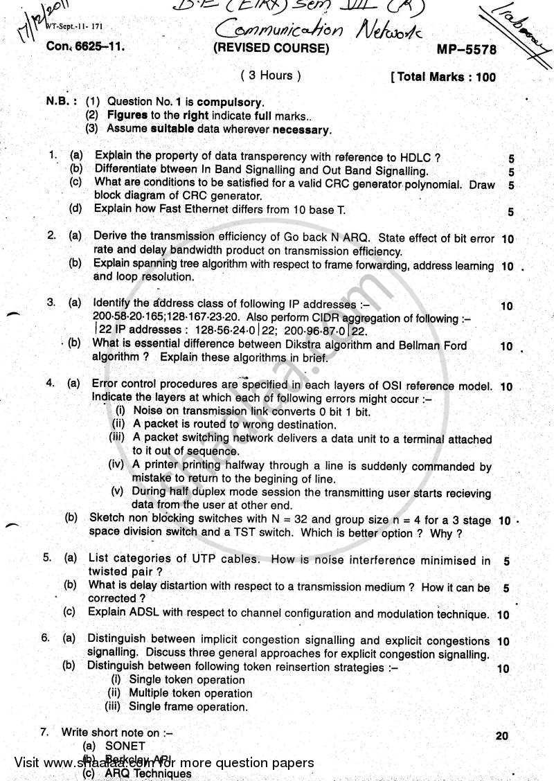 Communication Networks 2010-2011 - B.E. - Semester 7 (BE Fourth Year) - University of Mumbai question paper with PDF download