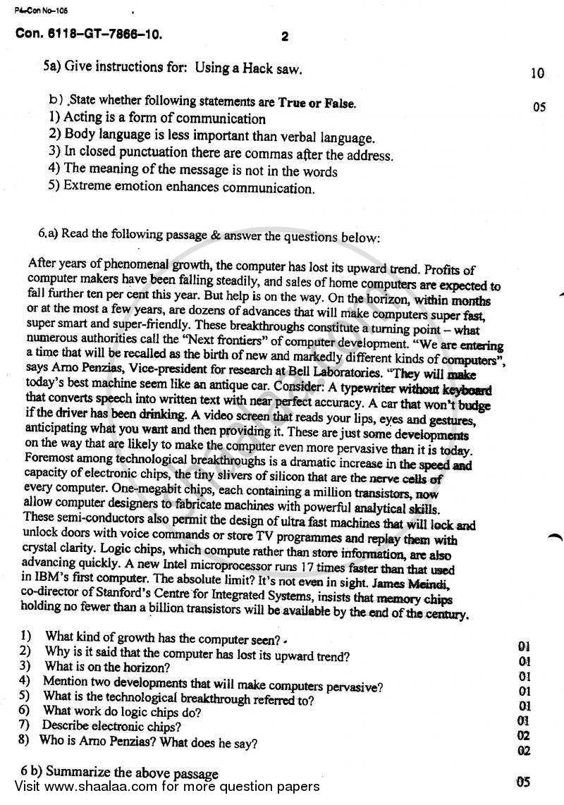 Communication Skills 2010-2011 - B.E. - Semester 2 (FE First Year) - University of Mumbai question paper with PDF download