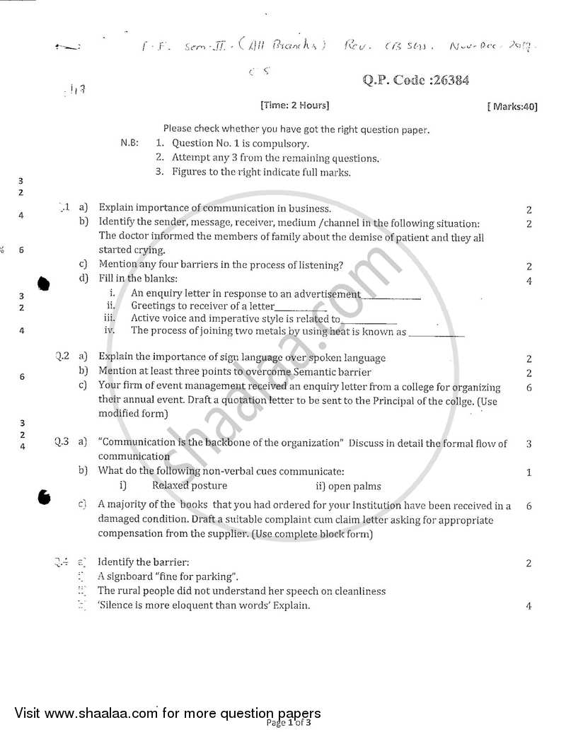 Communication Skills 2017-2018 - B.E. - Semester 2 (FE First Year) - University of Mumbai question paper with PDF download