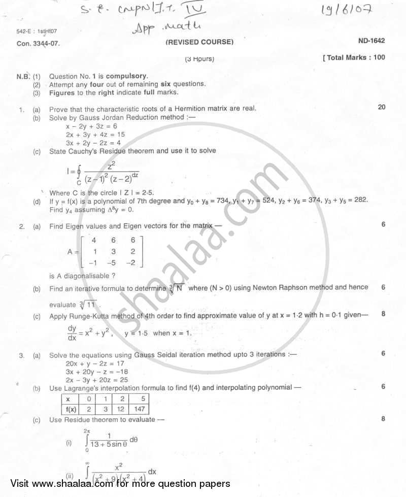 Computational Mathematics 2006-2007 - B.E. - Semester 4 (SE Second Year) - University of Mumbai question paper with PDF download