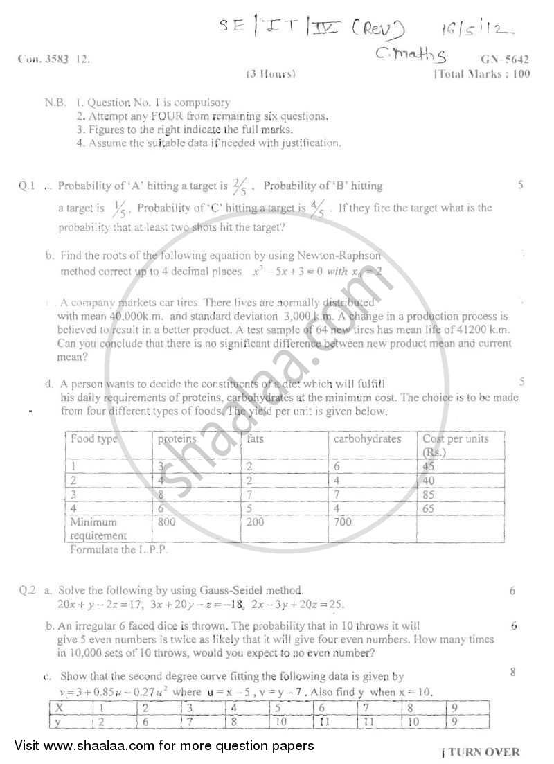 Computational Mathematics 2011-2012 - B.E. - Semester 4 (SE Second Year) - University of Mumbai question paper with PDF download
