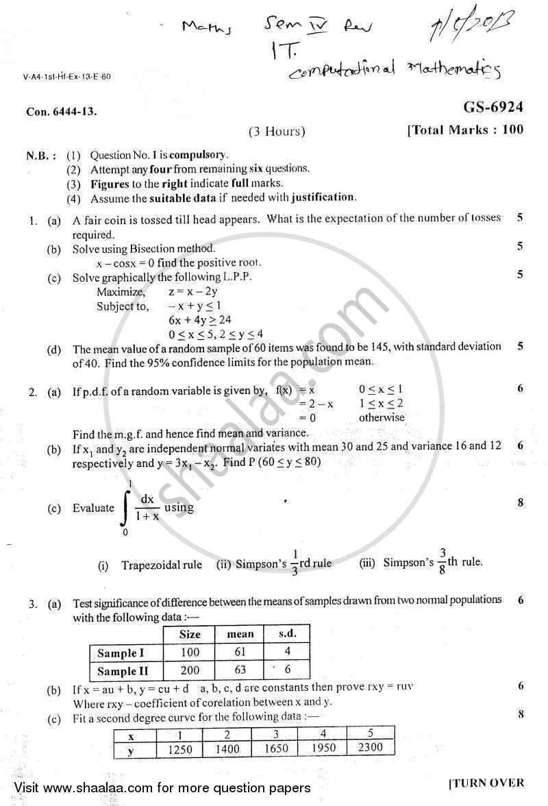 Computational Mathematics 2012-2013 - B.E. - Semester 4 (SE Second Year) - University of Mumbai question paper with PDF download