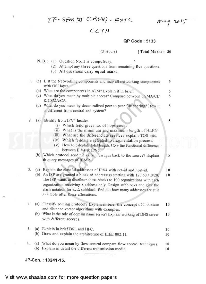 Computer Communication and Telecom Networks 2014-2015 - B.E. - Semester 6 (TE Third Year) - University of Mumbai question paper with PDF download