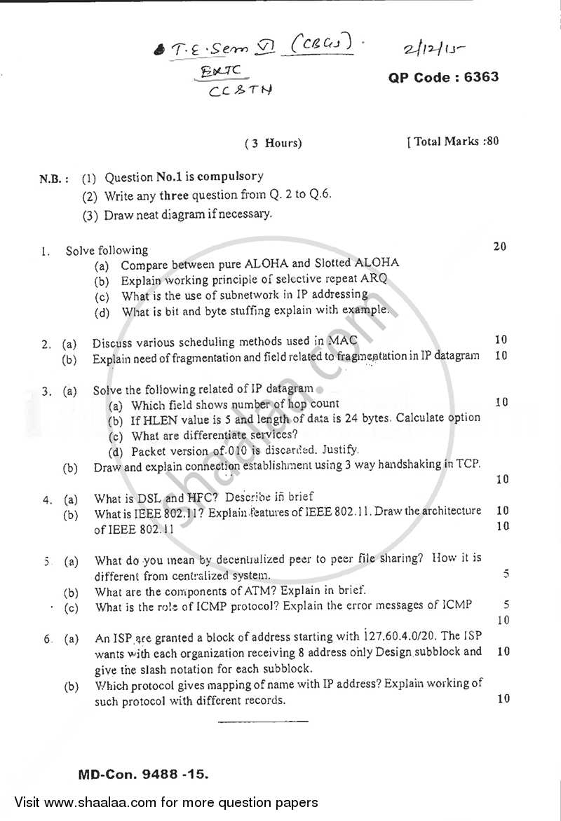 Computer Communication and Telecom Networks 2015-2016 - B.E. - Semester 6 (TE Third Year) - University of Mumbai question paper with PDF download
