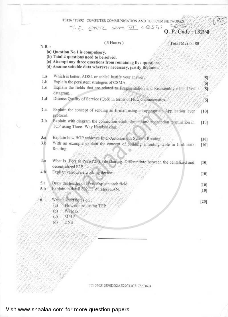 Computer Communication and Telecom Networks 2016-2017 - B.E. - Semester 6 (TE Third Year) - University of Mumbai question paper with PDF download