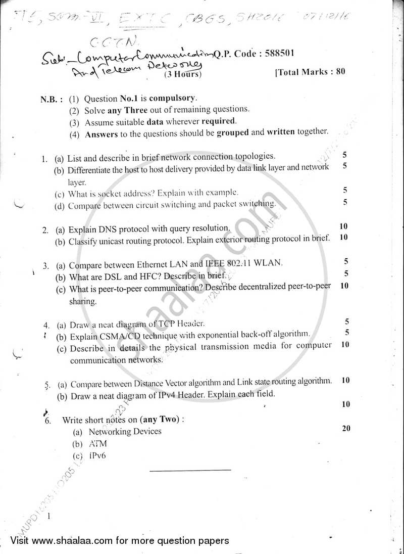 Computer Communication and Telecom Networks 2016-2017 - B.E. - Semester 6 (TE Third Year) - University of Mumbai question paper with PDF download