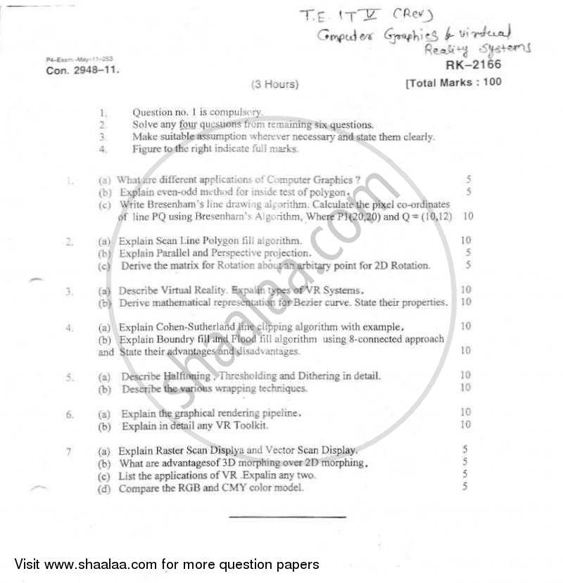 Computer Graphics and Virtual Reality 2010-2011 - B.E. - Semester 5 (TE Third Year) - University of Mumbai question paper with PDF download