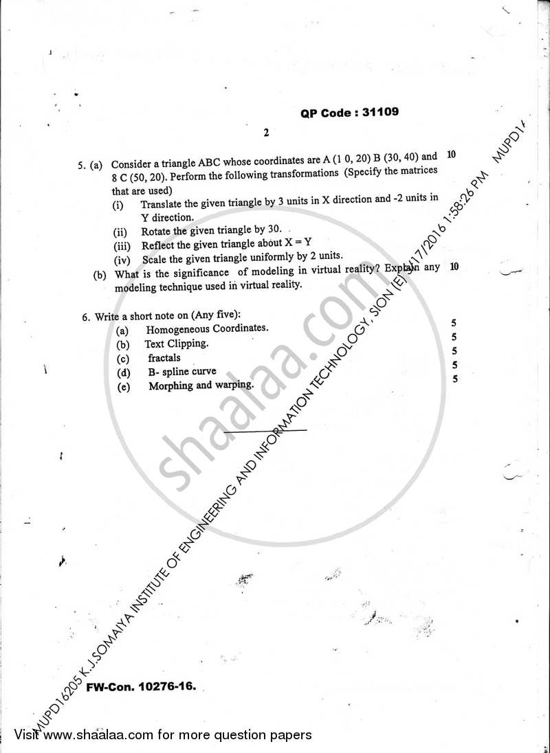 Computer Graphics and Virtual Reality 2015-2016 - B.E. - Semester 5 (TE Third Year) - University of Mumbai question paper with PDF download