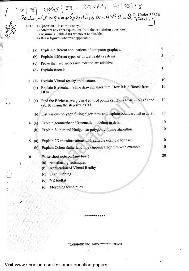 Computer Graphics and Virtual Reality 2017-2018 - B.E. - Semester 5 (TE Third Year) - University of Mumbai question paper with PDF download