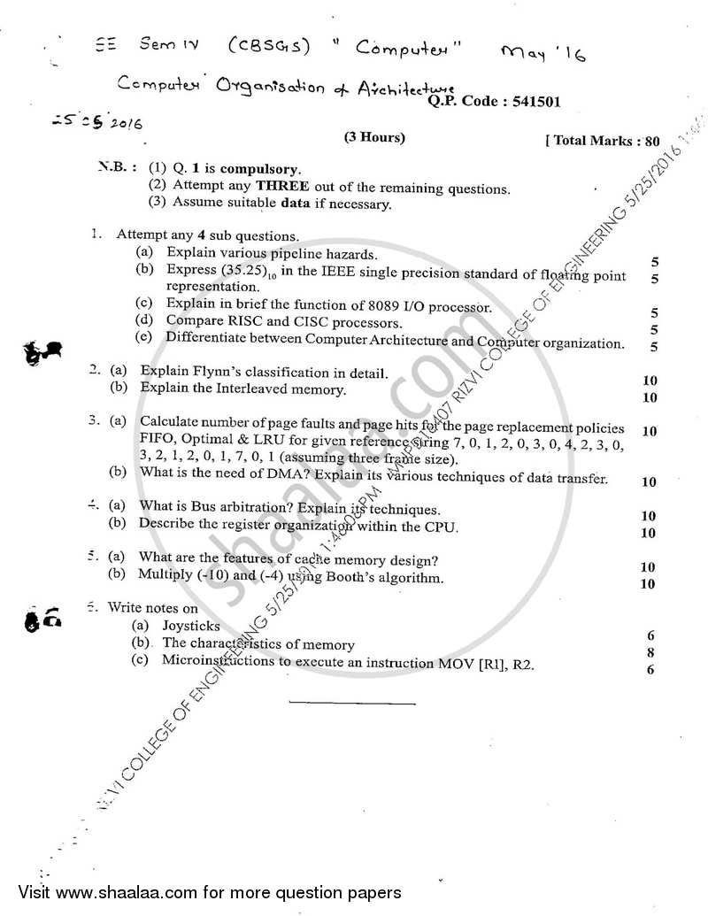 Computer Organisation and Architecture 2015-2016 - B.E. - Semester 4 (SE Second Year) - University of Mumbai question paper with PDF download
