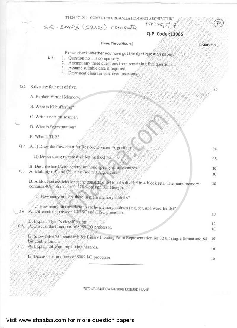 Computer Organisation and Architecture 2016-2017 - B.E. - Semester 4 (SE Second Year) - University of Mumbai question paper with PDF download