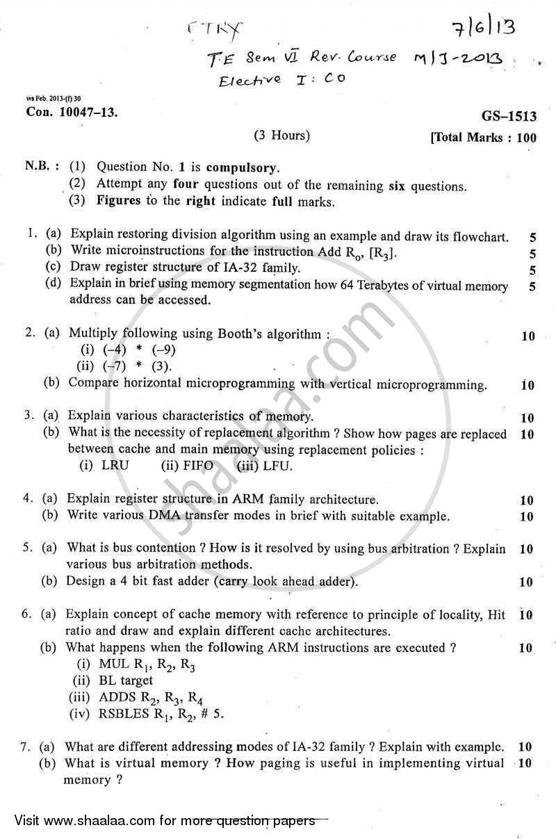 Computer Organization 2012-2013 - B.E. - Semester 6 (TE Third Year) - University of Mumbai question paper with PDF download
