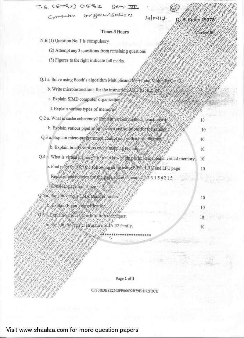Computer Organization 2017-2018 - B.E. - Semester 6 (TE Third Year) - University of Mumbai question paper with PDF download