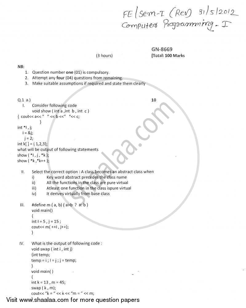 Computer Programming 1 2011-2012 - B.E. - Semester 1 (FE First Year) - University of Mumbai question paper with PDF download