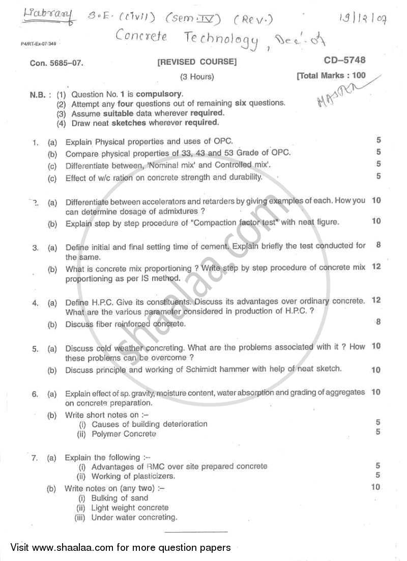 Concrete Technology 2007-2008 - B.E. - Semester 4 (SE Second Year) - University of Mumbai question paper with PDF download