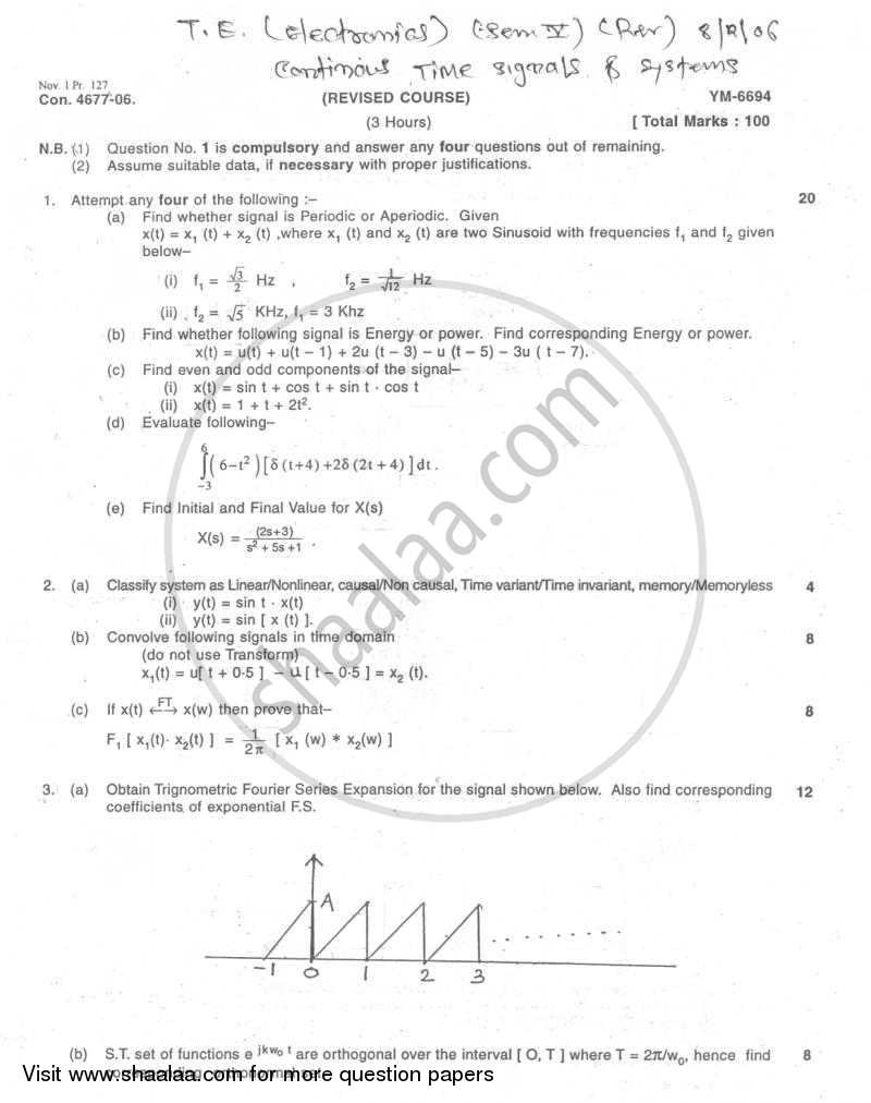 Continuous Time Signals and System 2006-2007 - B.E. - Semester 5 (TE Third Year) - University of Mumbai question paper with PDF download