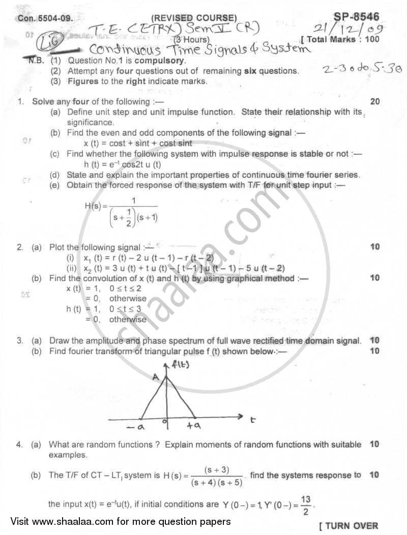 Continuous Time Signals and System 2009-2010 - B.E. - Semester 5 (TE Third Year) - University of Mumbai question paper with PDF download