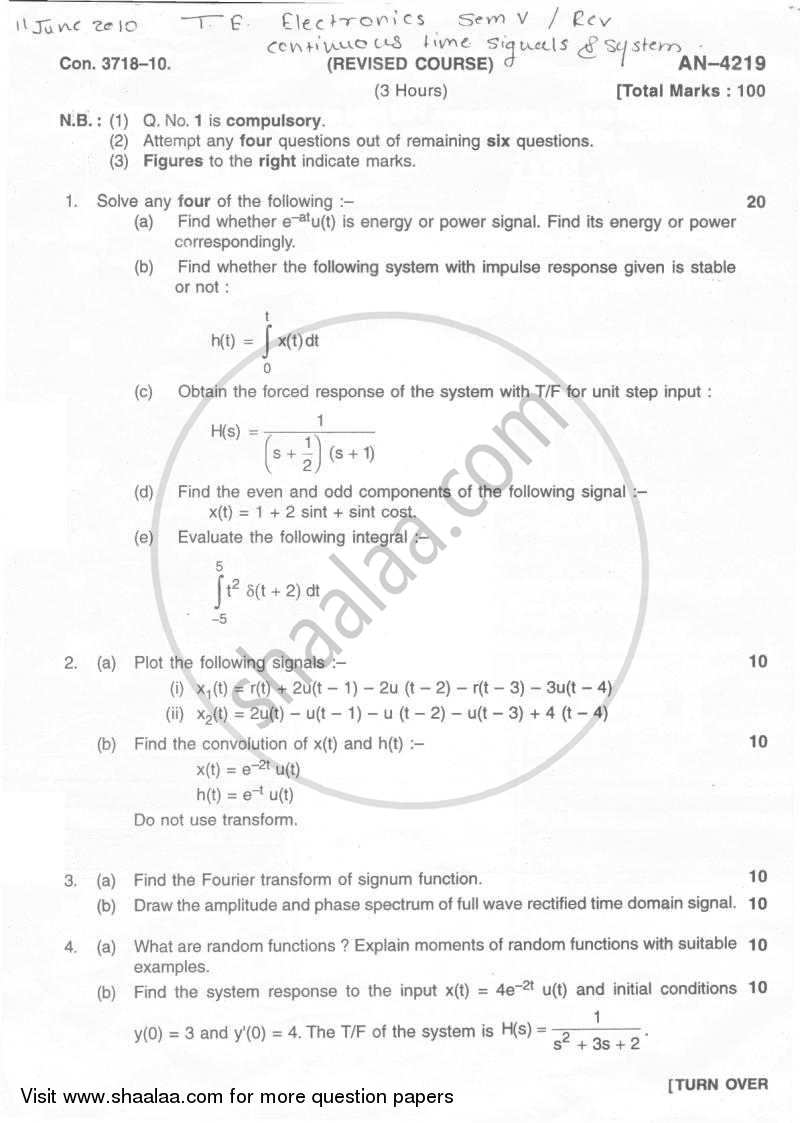 Continuous Time Signals and System 2009-2010 - B.E. - Semester 5 (TE Third Year) - University of Mumbai question paper with PDF download