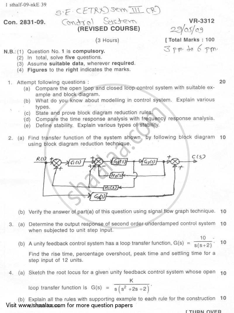 Control System 2008-2009 - B.E. - Semester 3 (SE Second Year) - University of Mumbai question paper with PDF download