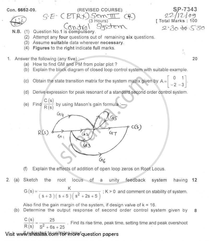 Control System 2009-2010 - B.E. - Semester 3 (SE Second Year) - University of Mumbai question paper with PDF download