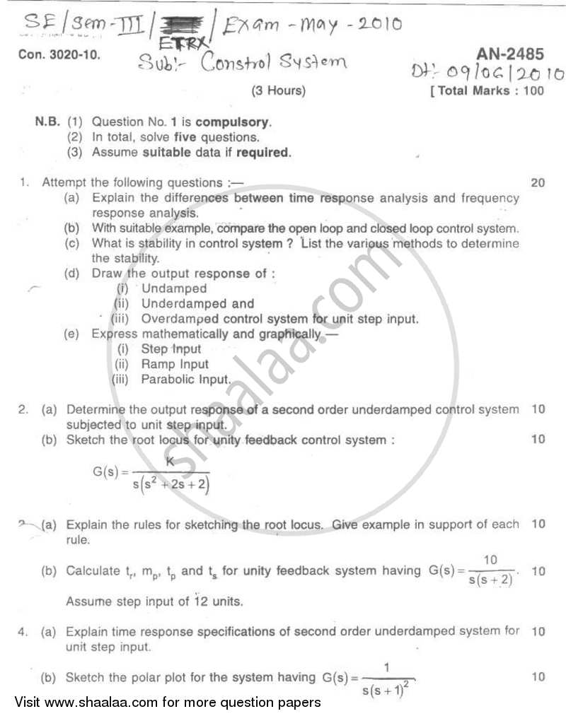 Control System 2009-2010 - B.E. - Semester 3 (SE Second Year) - University of Mumbai question paper with PDF download