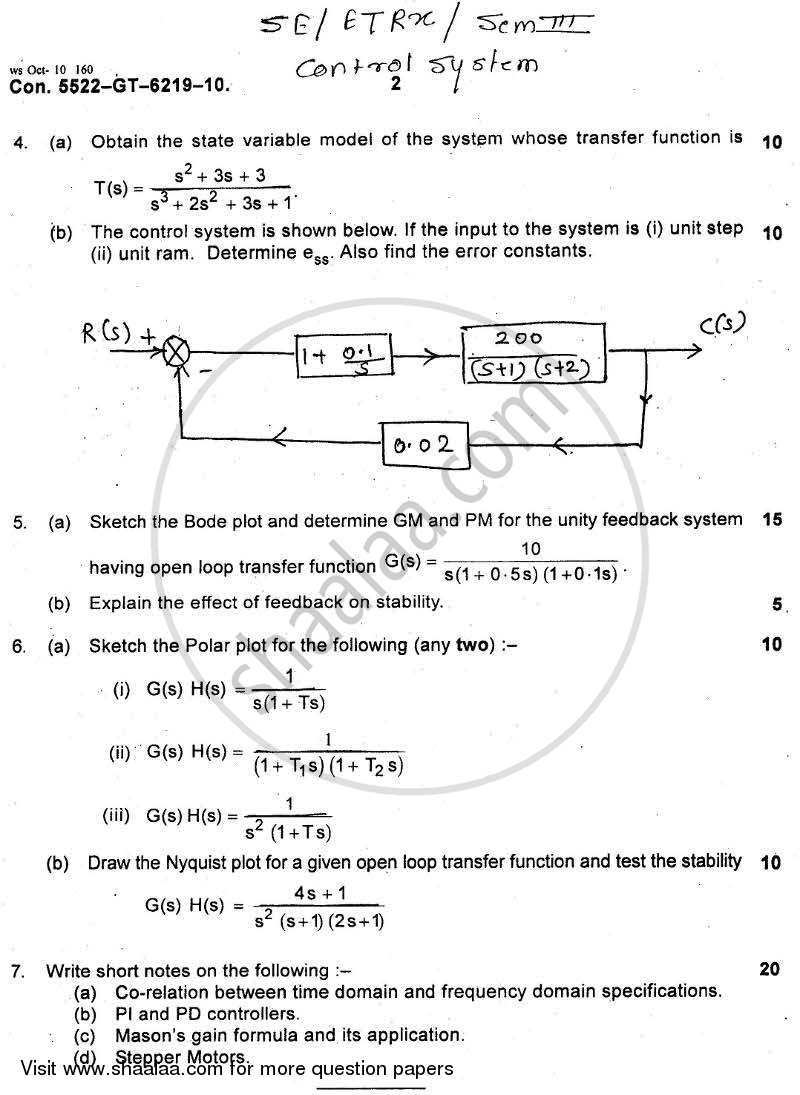 Control System 2010-2011 - B.E. - Semester 3 (SE Second Year) - University of Mumbai question paper with PDF download