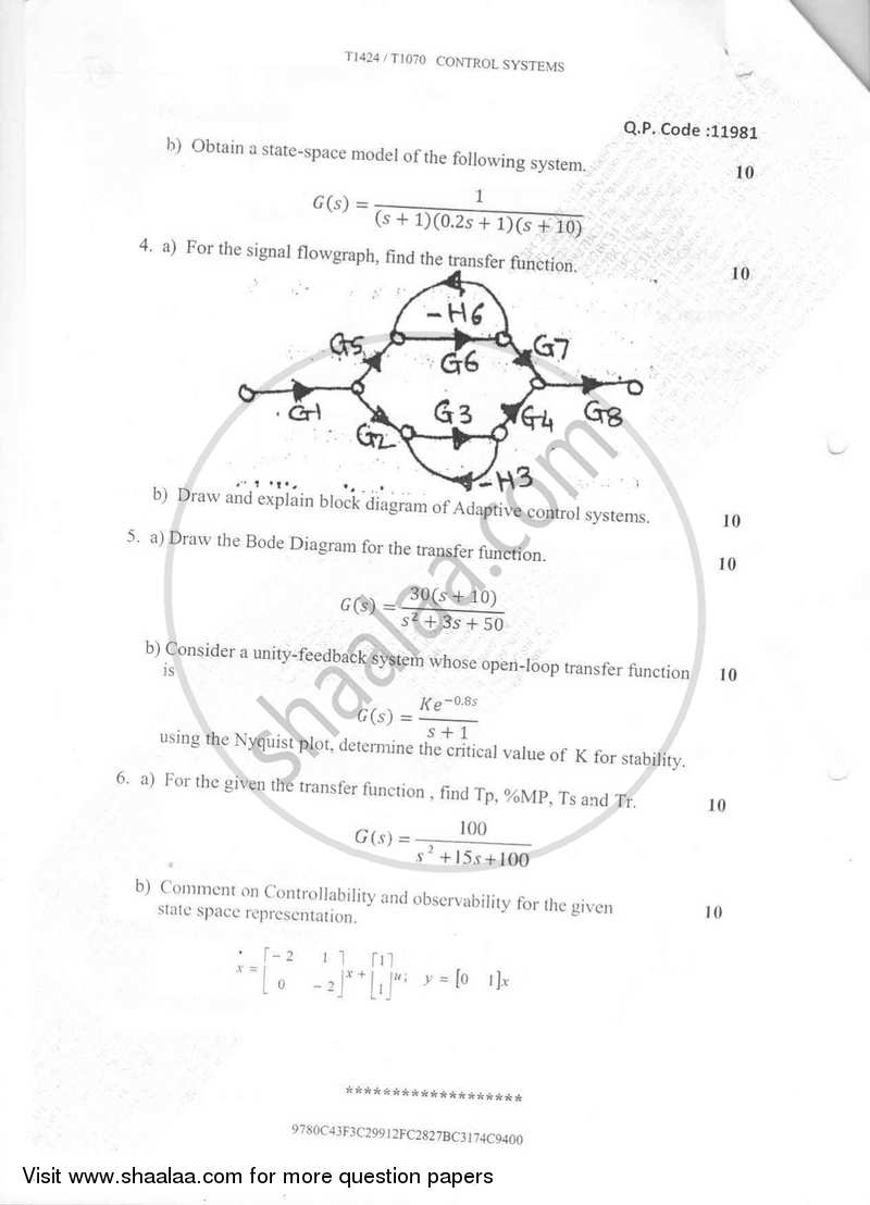 Control System 2016-2017 - B.E. - Semester 4 (SE Second Year) - University of Mumbai question paper with PDF download