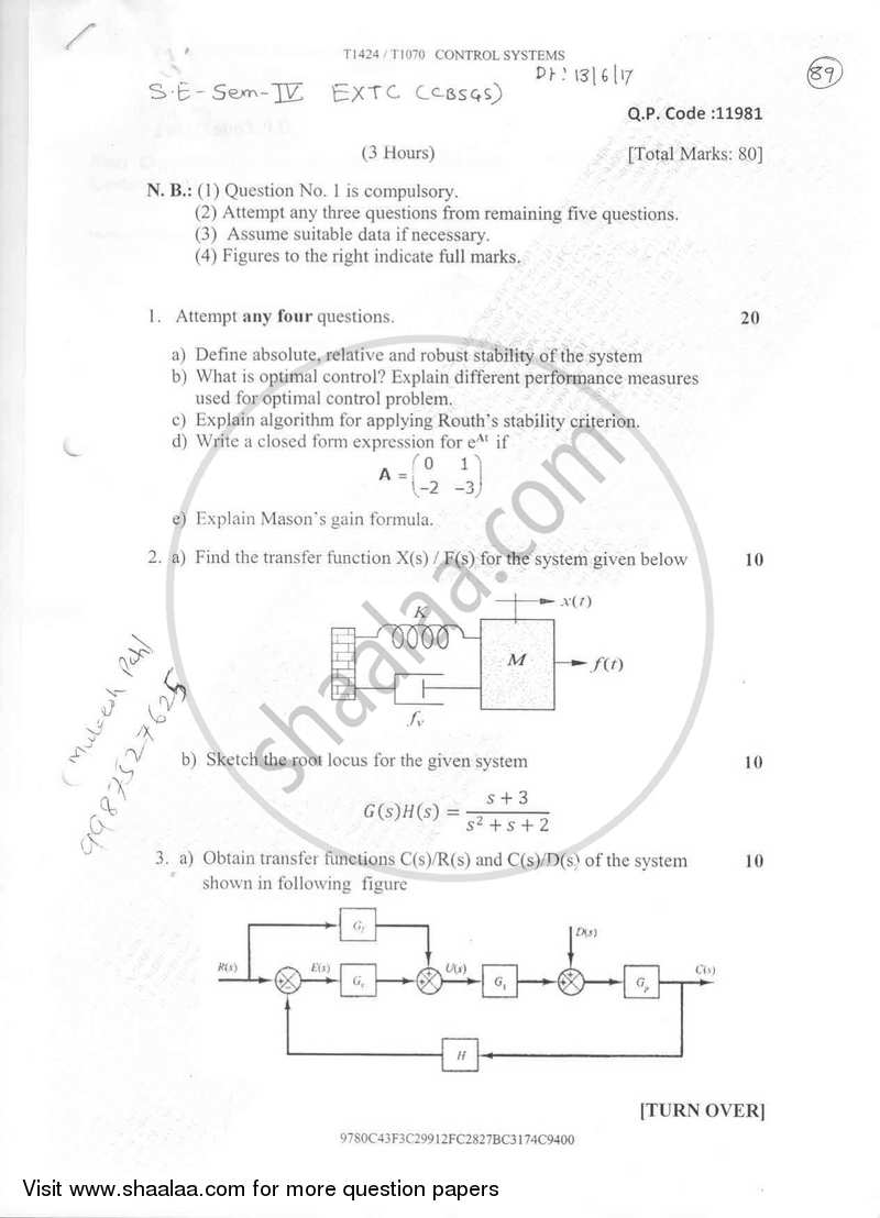 Control System 2016-2017 - B.E. - Semester 4 (SE Second Year) - University of Mumbai question paper with PDF download