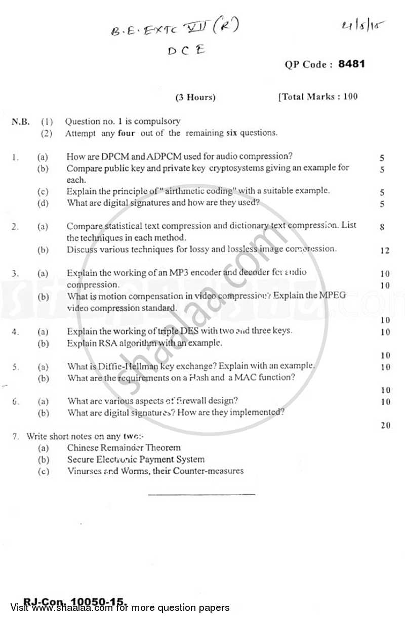 Data Compression and Encryption 2014-2015 - B.E. - Semester 7 (BE Fourth Year) - University of Mumbai question paper with PDF download