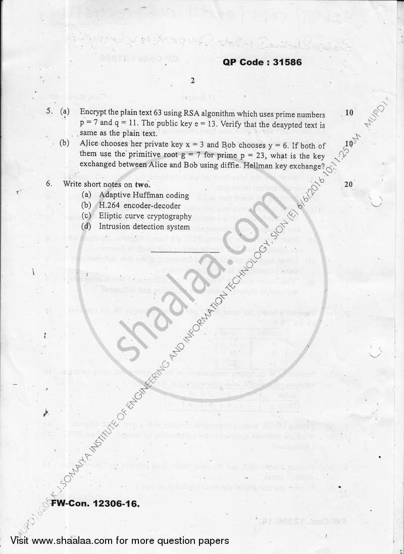 Data Compression and Encryption 2015-2016 - B.E. - Semester 7 (BE Fourth Year) - University of Mumbai question paper with PDF download