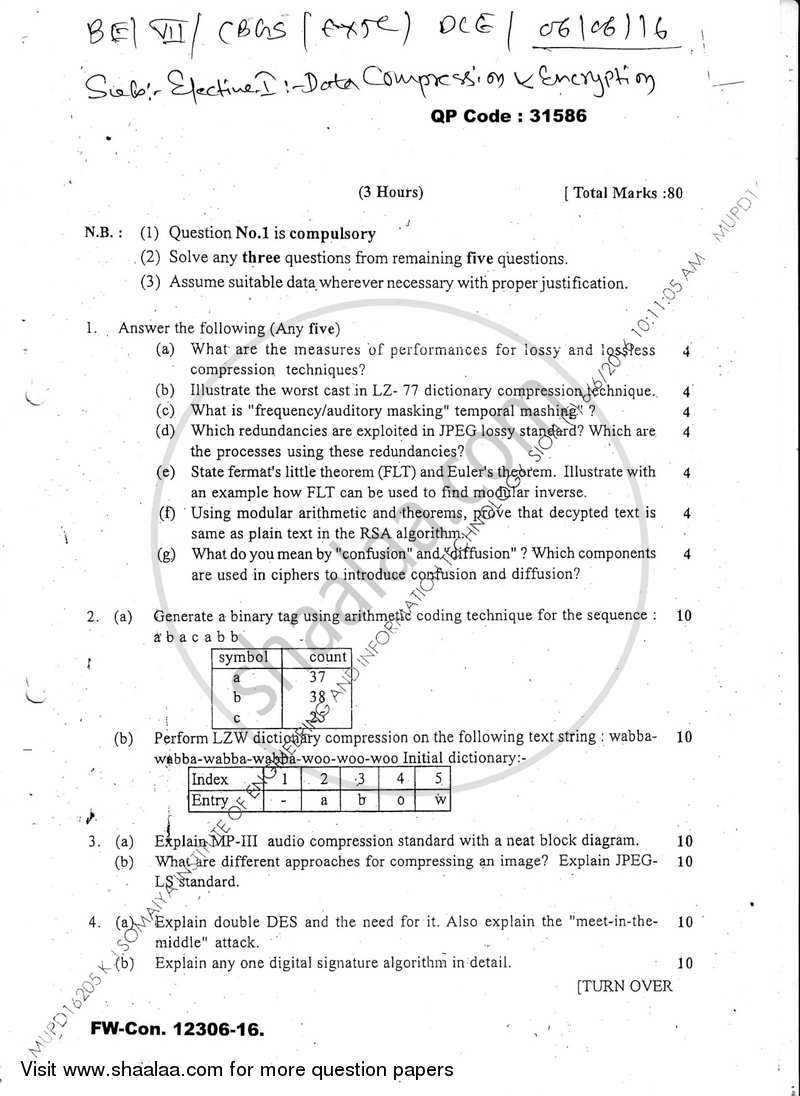 Data Compression and Encryption 2015-2016 - B.E. - Semester 7 (BE Fourth Year) - University of Mumbai question paper with PDF download