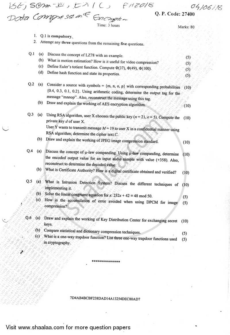 Data Compression and Encryption 2017-2018 - B.E. - Semester 7 (BE Fourth Year) - University of Mumbai question paper with PDF download