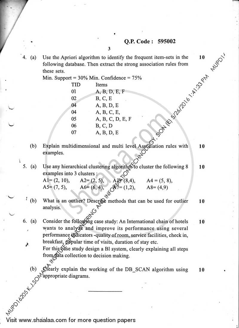 Data Mining and Business Intellingence 2015-2016 - B.E. - Semester 6 (TE Third Year) - University of Mumbai question paper with PDF download
