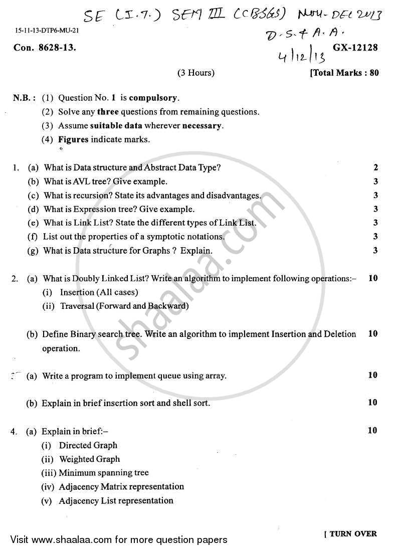 Data Structure and Algorithm Analysis 2013-2014 - B.E. - Semester 3 (SE Second Year) - University of Mumbai question paper with PDF download