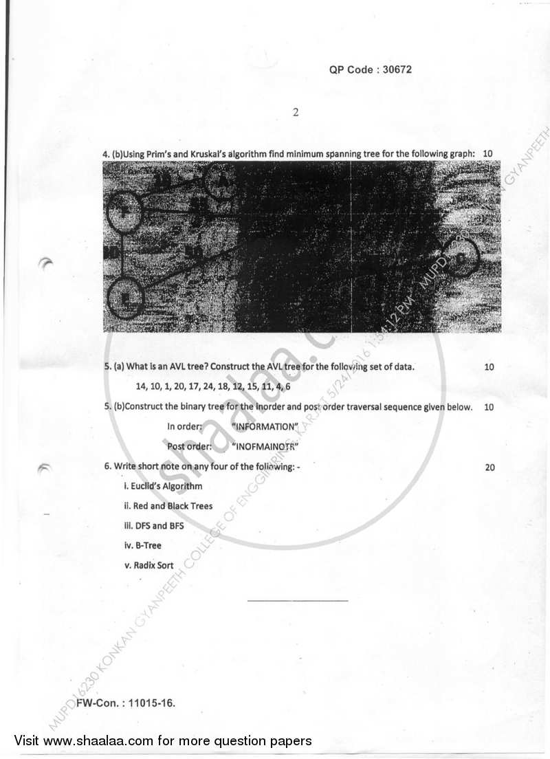 Data Structure and Algorithm Analysis 2015-2016 - B.E. - Semester 3 (SE Second Year) - University of Mumbai question paper with PDF download