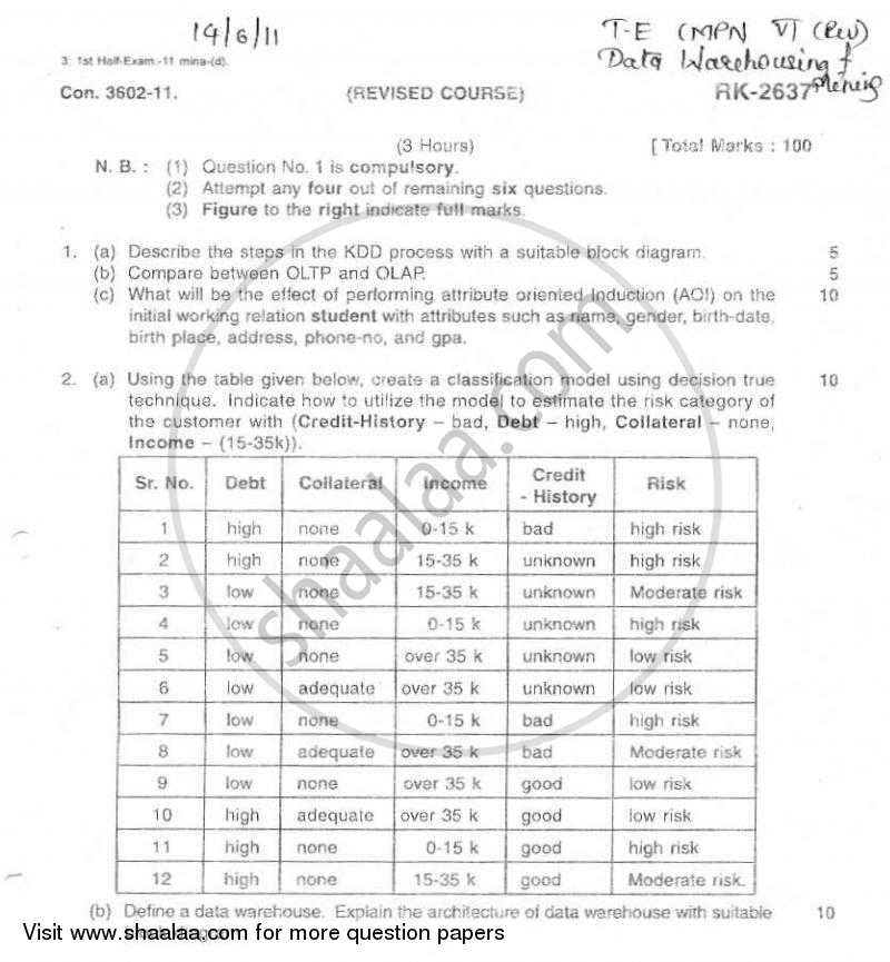 Data Warehousing and Mining 2010-2011 - B.E. - Semester 8 (BE Fourth Year) - University of Mumbai question paper with PDF download