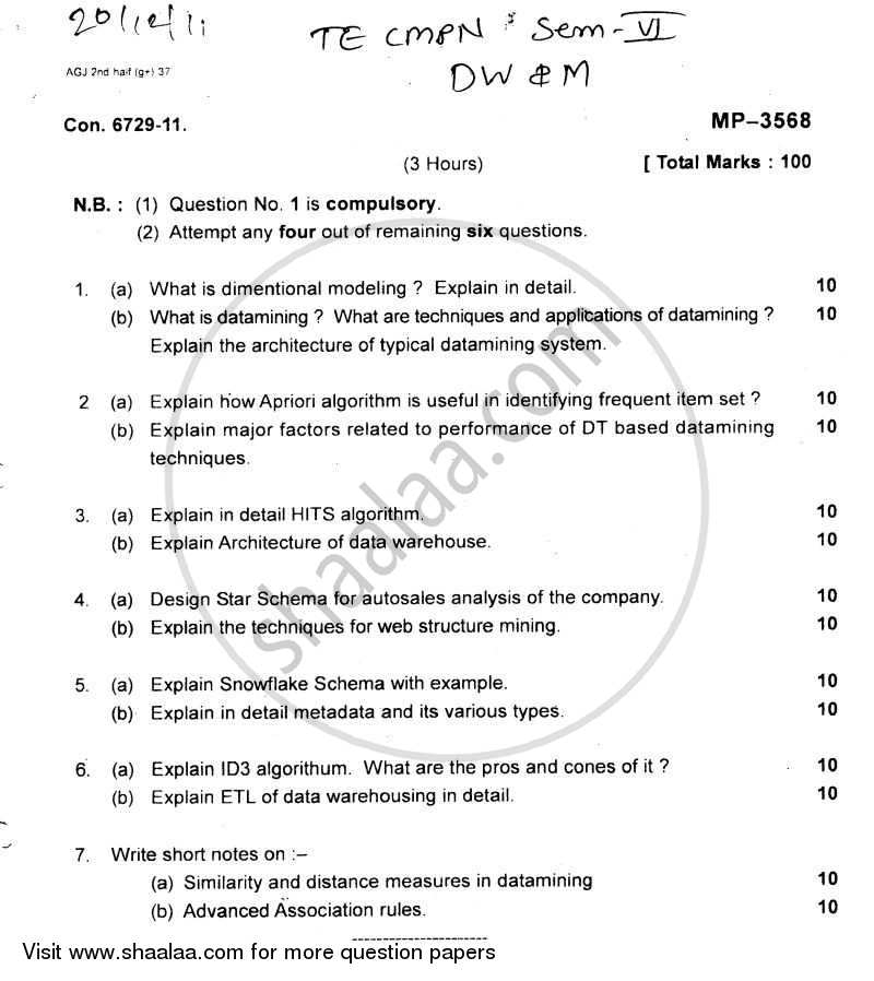 Data Warehousing and Mining 2011-2012 - B.E. - Semester 8 (BE Fourth Year) - University of Mumbai question paper with PDF download