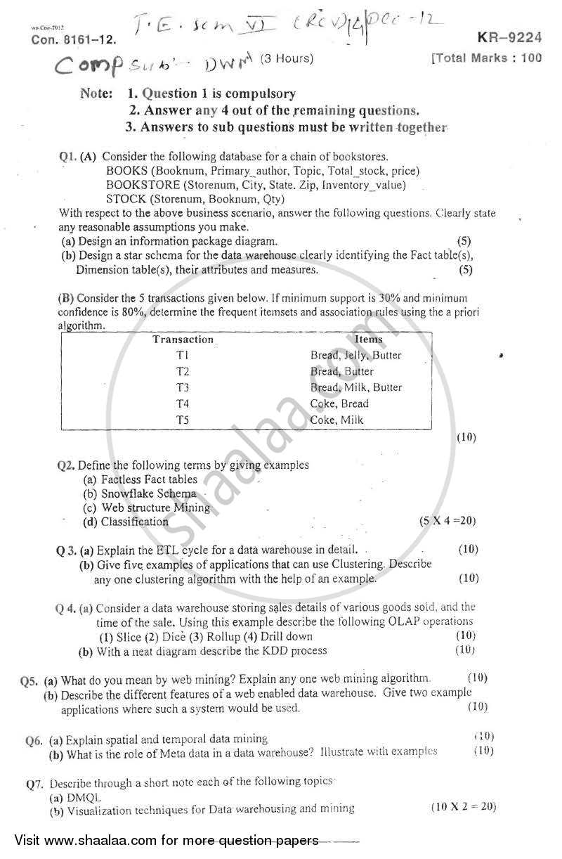 Data Warehousing and Mining 2012-2013 - B.E. - Semester 8 (BE Fourth Year) - University of Mumbai question paper with PDF download