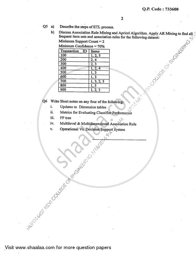 Data Warehousing and Mining 2015-2016 - B.E. - Semester 8 (BE Fourth Year) - University of Mumbai question paper with PDF download