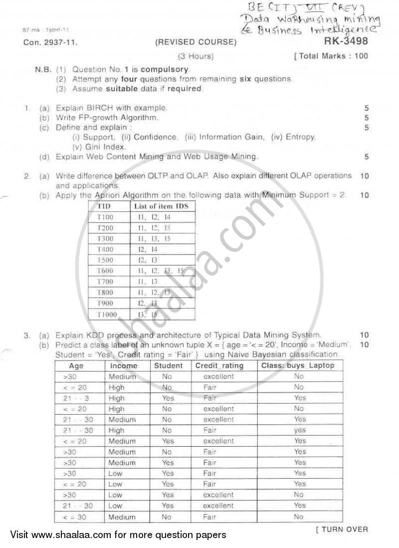 Data Warehousing Mining and Business Intelligence 2010-2011 - B.E. - Semester 7 (BE Fourth Year) - University of Mumbai question paper with PDF download