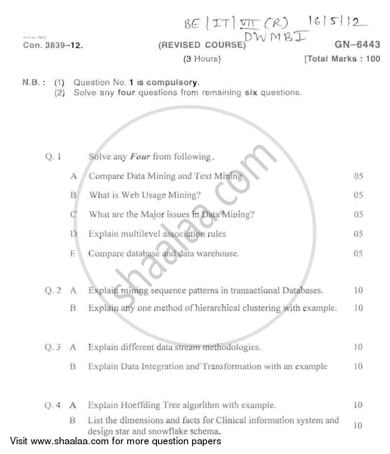 Data Warehousing Mining and Business Intelligence 2011-2012 - B.E. - Semester 7 (BE Fourth Year) - University of Mumbai question paper with PDF download