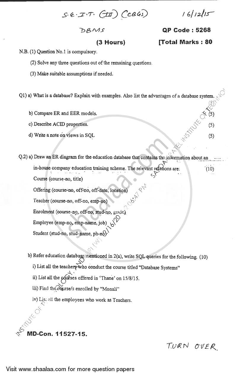 Database Management Systems 2015-2016 - B.E. - Semester 3 (SE Second Year) - University of Mumbai question paper with PDF download