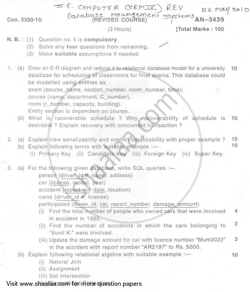 Database Management Systems 2009-2010 - B.E. - Semester 4 (SE Second Year) - University of Mumbai question paper with PDF download