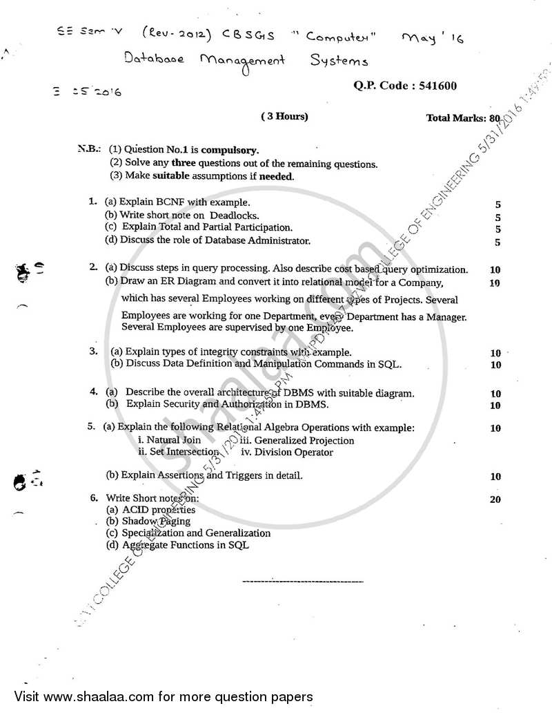 Database Management Systems 2016-2017 - B.E. - Semester 4 (SE Second Year) - University of Mumbai question paper with PDF download