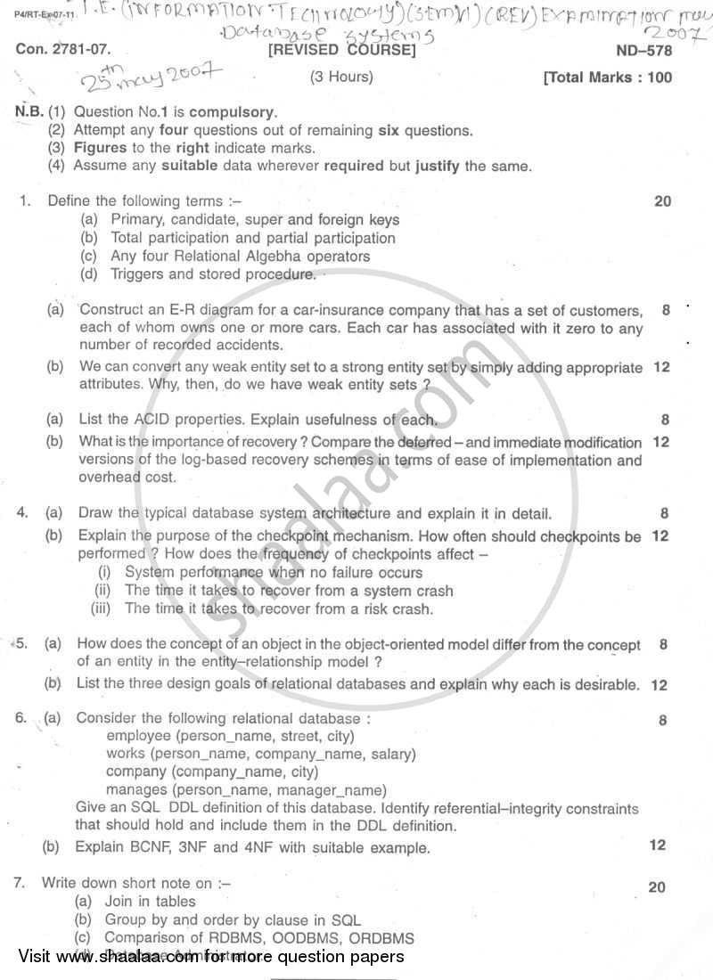 Database Technologies 2006-2007 - B.E. - Semester 6 (TE Third Year) - University of Mumbai question paper with PDF download
